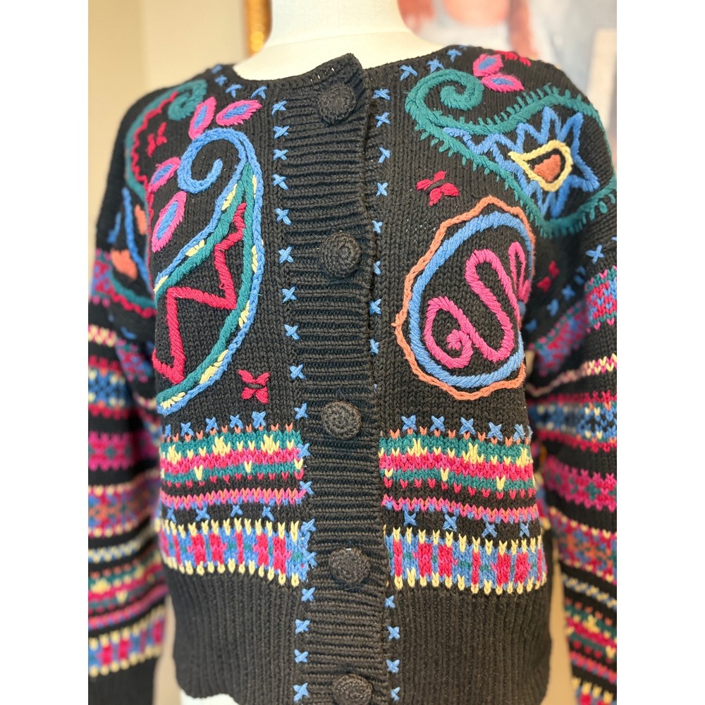 Vintage 90s Sigrid Olsen Embroidered Paisley Cardigan Sweater Black XL Cotton - Picture 2 of 8
